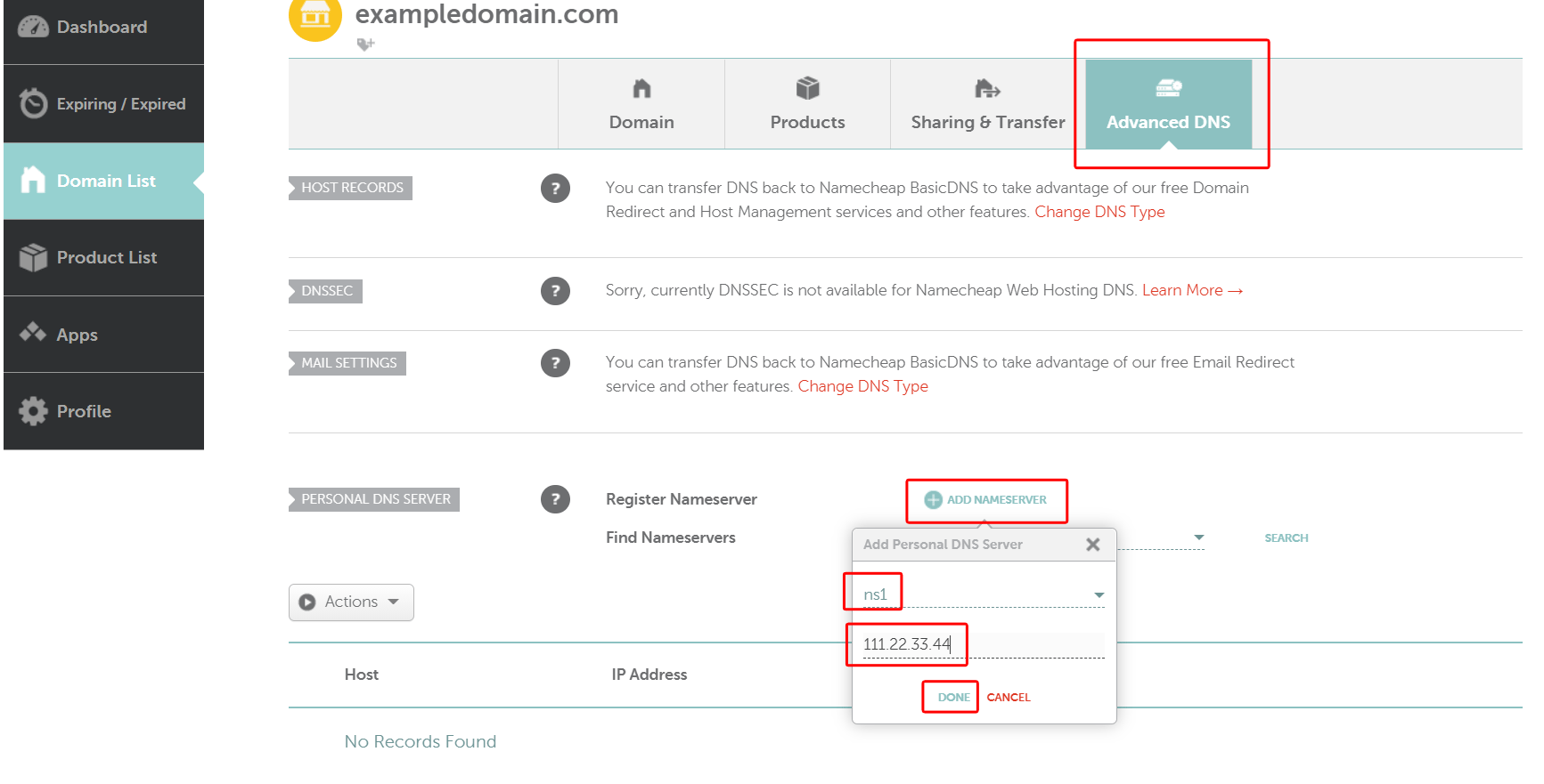 Custom nameservers setup with ZesleCP. Namecheap example step 3