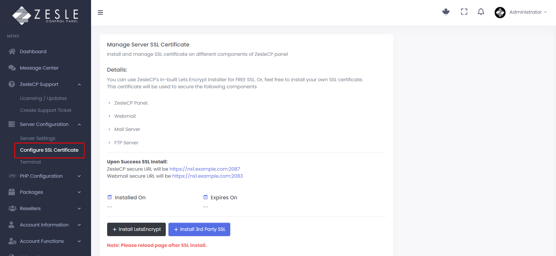 Install SSL on ZesleCP panel URL